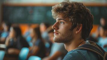 Young Male Student Pondering in Classroom, Focused Expression, Engaged in Learning Environment, Close-Up, Natural Lighting, Educational Setting photo