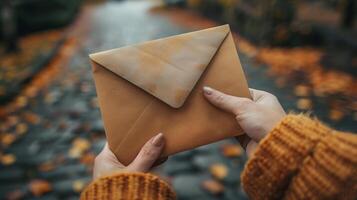 Autumn Season Letterholding Vintage Brown Envelope Held by Cozy Sweater-Wearing Hands on Leaf-Covered Cobblestone Path in Fall Afternoon photo