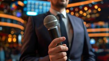 Confident Public Speaker in Suit Holding Microphone with Blurred Lights in Background, Capturing Focus, Professionalism, and Atmosphere in Low-Light Setting photo
