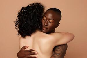 Powerful Embrace of Diverse Couple Against Minimalist Beige Background Highlighting Love, Acceptance, and Emotional Connection in Contemporary Design photo
