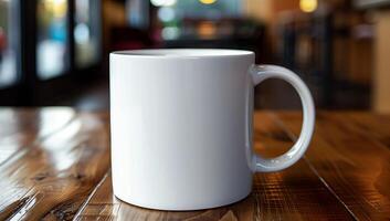 White Ceramic Mug on Wooden Table in Cozy Cafe Setting with Blurred Background - Perfect for Coffee, Tea, Beverage Themes, Warm Atmosphere Concept, and Kitchen Decor Design photo