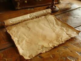 Vintage Rolled Parchment Paper on Rustic Wooden Table Featuring Distressed Look and Antique Aesthetic for Historical or Creative Projects and Holiday Decorations photo