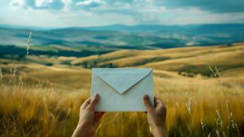 Hands Holding Envelope in Countryside Field During Summer with Rolling Hills and Blue Sky Background photo