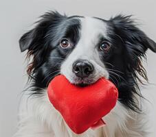 Adorable Border Collie with Heart-Shaped Red Toy in Mouth, Close-Up, Valentine's Day Themed, Playful Pet Portrait photo