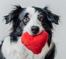 Adorable Black and White Dog Holding Red Heart-Shaped Plush Toy in Mouth, Close-Up View, Pet Portrait for Valentine's Day, Love and Friendship Theme with Isolated Background photo