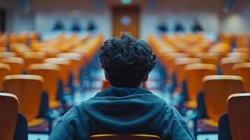 Back View of Student with Curly Hair in Empty Lecture Hall During Autumn, Preparing for Exam, Blurry Background with Rows of Wooden Chairs, Education Concept and Academic Atmosphere photo