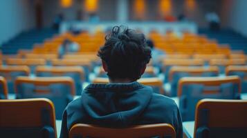 Student in Lecture Hall During Evening Class, Captivating Back View in Dim Lighting, College Education and Learning Atmosphere photo