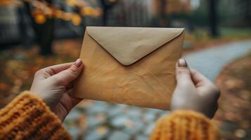 Autumn Greeting Card Concept Hands Holding Vintage Brown Envelope Against Blurred Fall Background with Leaves and Cozy Sweater Thanksgiving Invitations Seasonal Invitations, Editorial Social Media Ads photo