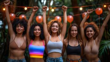 Women's Equality Day. Joyful Young Women Celebrating at Outdoor Party with String Lights and Balloons in Tropical Setting, Summer Vibes, Fun and Friendship photo