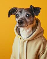 Adorable Small Dog in Beige Hoodie Against Bright Orange Background for Fall Fashion and Pet Portraits photo