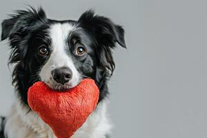 Adorable Black and White Dog Holding Red Heart Toy, Isolated on Grey Background, Celebrating Valentine's Day with Cute Expression and Fluffy Fur photo