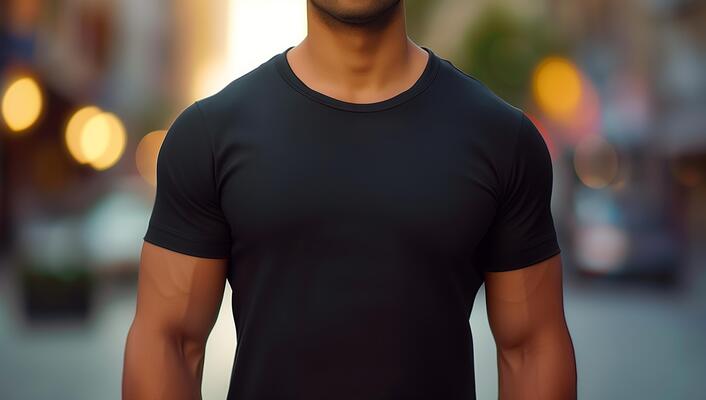 Muscular Male in Black T-shirt on Urban Street at Sunset with Bokeh Lights, Fashion Concept, Casual Style, Fitness Modeling, City Life, Warm Tones, Vivid Colors, Evening Ambiance.