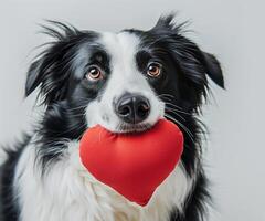 Adorable Border Collie Holding Red Heart, Perfect for Valentine's Day, Close-Up Pet Portrait photo