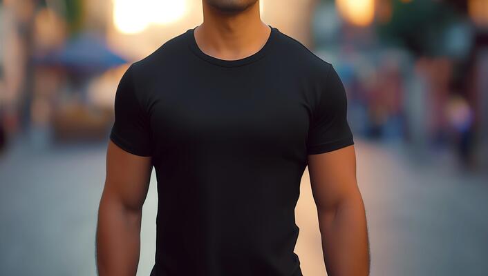 Muscular Man in Black T-Shirt Standing in Blurred Urban Street, Bokeh Background, Summer Evening, Vibrant City Lights, Casual Fashion, Modern Lifestyle, Street Photography, Fitness and Strength