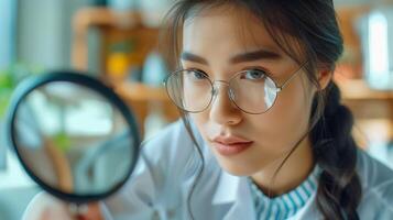Young Scientist Exploring Through Magnifying Glass in Laboratory, Focused Female Researcher Studying Sample, Science Experiment, Innovative Analysis, Education, Curious Student in Scientific Setting photo