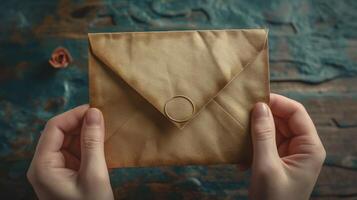 Hands Holding Antique Golden Envelope with Rustic Wax Seal on Artisan Wooden Table with Velvet Marks, Symbolizing Romantic Message or Vintage Invitation for Special Occasion photo