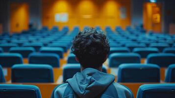 Back View of a Person in a Hoodie Sitting in an Empty Auditorium with Blue Chairs Under Warm Lighting photo