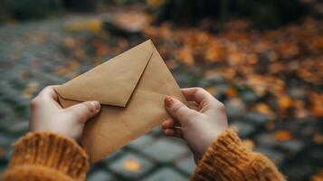 Hands Holding Brown Envelope in Cozy Sweater on Cobblestone Path with Autumn Leaves Background, Ideal for Fall Greeting Cards, Invitations, or Seasonal Communication Design photo