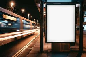 Night City Large Blank Billboard on Busy Street with Moving Bus, Ideal for Advertisement, Modern Urban Setting, Dynamic Lighting, Ready for Creative Design, Potential for Branding photo
