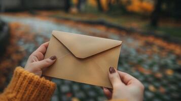 Woman Holding Brown Envelope on Autumn Day with Yellow Sweater and Fall Leaves in Background, Focus on Hands, Personalized Message, Seasonal Greeting Concept for Holidays and Invitations photo