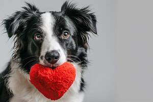 Adorable Black and White Border Collie Holding Red Heart Plush in Mouth, Symbolizing Love and Affection, Perfect for Valentine's Day Celebrations, Isolated Against a Gray Background photo