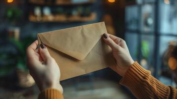 Woman Holding Brown Envelope in Cozy Home Setting - Warm Lighting, Autumn Aesthetic, Close-Up of Hands, Soft Focus Background - Seasonal Greeting, Personal Letter, Postal Service Illustration photo