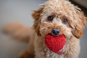 Adorable Fluffy Dog Holding Red Heart-Shaped Toy, Expressive Eyes, Warm Indoor Setting, Perfect For Valentine's Day-Themed Designs photo