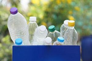 Plastic bottles in blue box Concept, sorting garbage campaign before throw away for reuse or recycle. Environment conservation. Eco friendly activity. photo