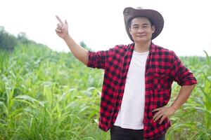 Handsome Asian man farmer is at garden, wears hat, red plaid shirt, put hand on hip and points finger up. Copy space for adding text or advertisement. Concept , Agriculture occupation. Happy farmer. photo