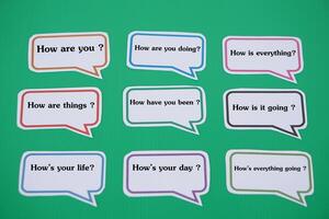Speech bubbles paper cards with texts to ask questions about How are you Concept, Handmade English language teaching aid. English for communication in daily life. photo