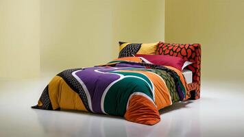 Stunning photograph of African black Ankara print patterns in yellow, purple, red, green, orange, and black photo