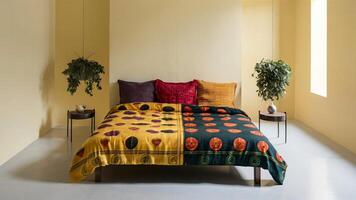 Stunning photograph of African black Ankara print patterns in yellow, purple, red, green, orange, and black photo