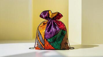 Stunning photograph of African black Ankara print patterns in yellow, purple, red, green, orange, and black photo