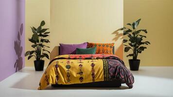 Stunning photograph of African black Ankara print patterns in yellow, purple, red, green, orange, and black photo