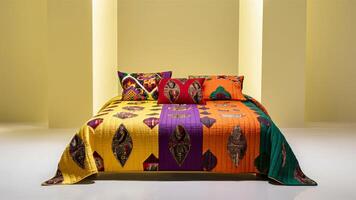 Stunning photograph of African black Ankara print patterns in yellow, purple, red, green, orange, and black photo