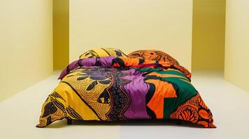 Stunning photograph of African black Ankara print patterns in yellow, purple, red, green, orange, and black photo