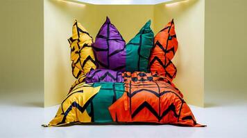 Stunning photograph of African black Ankara print patterns in yellow, purple, red, green, orange, and black photo