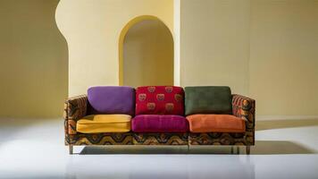 Stunning photograph of African black Ankara print patterns in yellow, purple, red, green, orange, and black photo