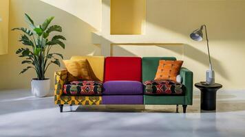 Stunning photograph of African black Ankara print patterns in yellow, purple, red, green, orange, and black photo