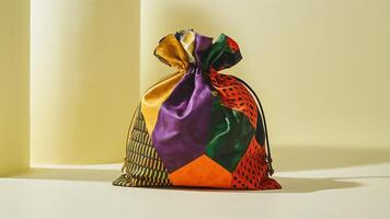 Stunning photograph of African black Ankara print patterns in yellow, purple, red, green, orange, and black photo