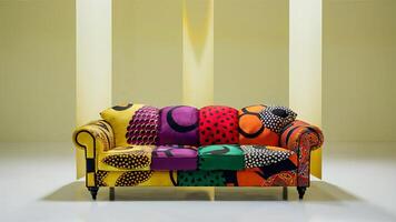 Stunning photograph of African black Ankara print patterns in yellow, purple, red, green, orange, and black photo