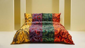 Stunning photograph of African black Ankara print patterns in yellow, purple, red, green, orange, and black photo