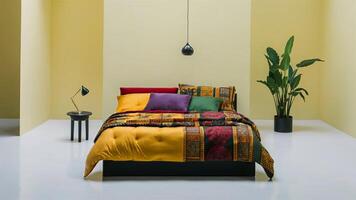 Stunning photograph of African black Ankara print patterns in yellow, purple, red, green, orange, and black photo