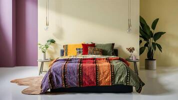 Stunning photograph of African black Ankara print patterns in yellow, purple, red, green, orange, and black photo