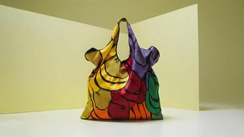 Stunning photograph of African black Ankara print patterns in yellow, purple, red, green, orange, and black photo
