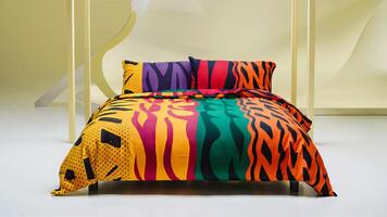 Stunning photograph of African black Ankara print patterns in yellow, purple, red, green, orange, and black photo