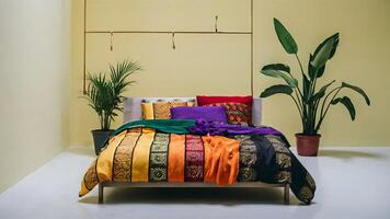 Stunning photograph of African black Ankara print patterns in yellow, purple, red, green, orange, and black photo
