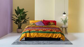 Stunning photograph of African black Ankara print patterns in yellow, purple, red, green, orange, and black photo