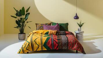 Stunning photograph of African black Ankara print patterns in yellow, purple, red, green, orange, and black photo