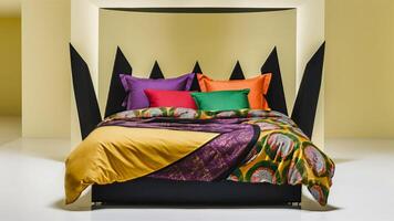 Stunning photograph of African black Ankara print patterns in yellow, purple, red, green, orange, and black photo